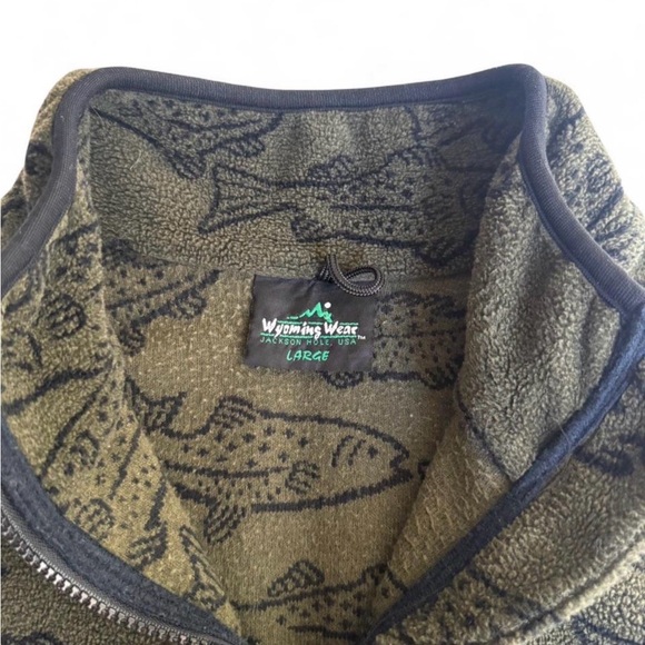 Men’s Vintage Wyoming Wear USA Made Fish Pattern Fleece Vest Gilet Olive Green L - Picture 5 of 6